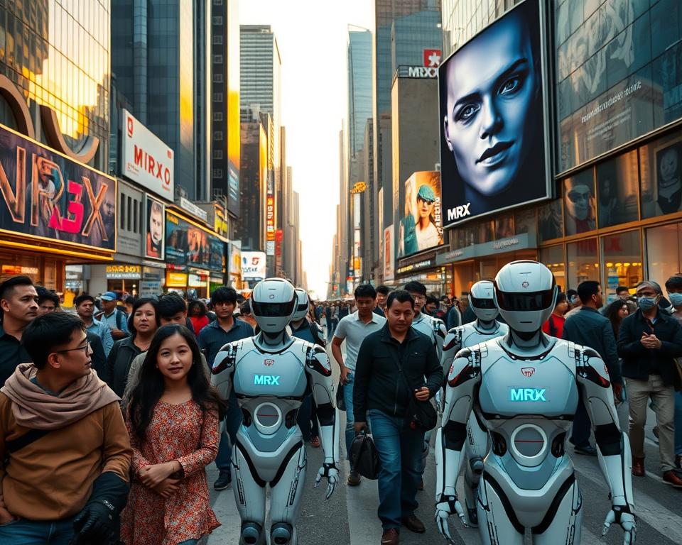 A bustling city street, with towering skyscrapers and neon lights reflecting off sleek, MrX-branded robots navigating the crowds. In the foreground, a family of locals pause to observe the robotic passersby, expressions ranging from awe to apprehension. The middle ground depicts a diverse group of people, some eagerly interacting with the robots, others keeping their distance. In the background, a large billboard displays an advertisement featuring a lifelike MrX robot, its gaze both inviting and unsettling. The scene is bathed in a warm, golden light, creating an atmospheric contrast between the advanced technology and the human reactions to it, highlighting the cultural differences in robotic acceptance.