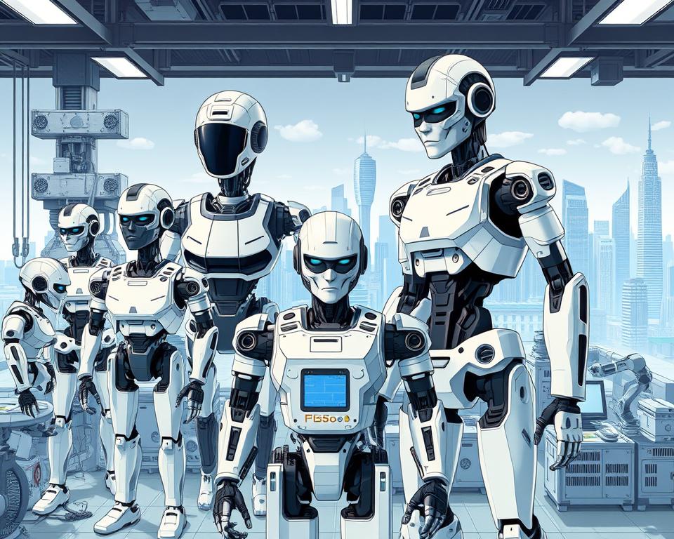 A detailed, industrial-style illustration of various types of MrX humanoid robots, showcasing their unique designs and automation capabilities. Centered in the frame, a collection of humanoid robots in different stages of assembly, from sleek torso-mounted AI units to fully articulated androids. In the foreground, a close-up view of an advanced bipedal robot with advanced sensors, hydraulic joints, and a highly expressive control panel. In the middle ground, a panoramic view of the robotic workshop, with robotic arms, 3D printers, and diagnostic stations. The background features a cityscape of towering skyscrapers and research facilities, hinting at the integration of this MrX technology into the modern world. Rendered in a high-contrast, technical illustration style with cool, metallic tones and dramatic lighting.