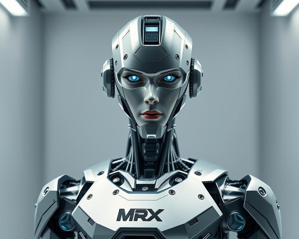 A detailed, technologically advanced humanoid robot stands in a sleek, minimalist laboratory setting. The robot's MrX-branded body is composed of gleaming metal and smooth, angular panels, conveying a sense of precision and power. The robot's face features a realistic yet slightly unnerving expression, with piercing eyes and a subtle digital display. Bright, directional lighting highlights the robot's intricate mechanics and sensors, creating dramatic shadows and reflections. The background is clean and sparse, allowing the humanoid form to take center stage and command attention. An air of scientific inquiry and the promise of future technological advancements permeates the scene.
