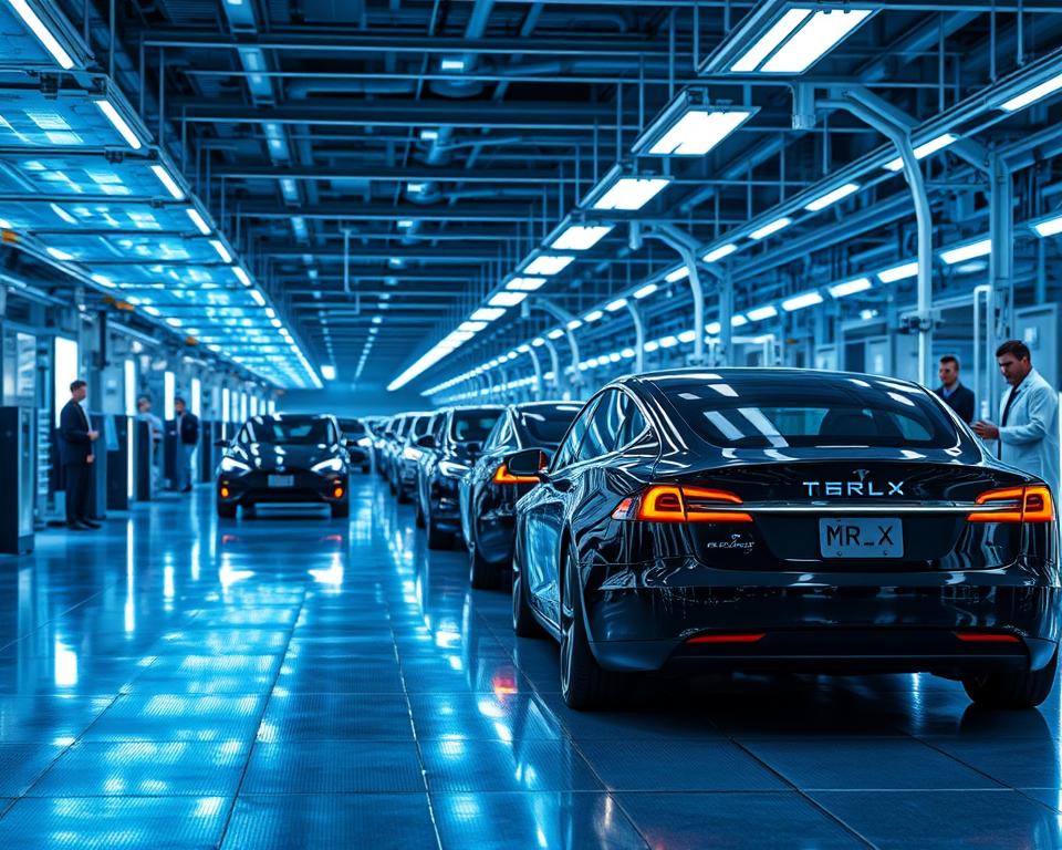 A high-tech factory floor, bathed in a cool blue glow. Gleaming Tesla vehicles glide along assembly lines, their sleek bodies reflecting the advanced robotic arms that assemble them with precision. In the foreground, the MrX logo stands out, a testament to the cutting-edge technology powering these electric marvels. Holographic displays flicker with real-time data, while engineers in white coats monitor the intricate processes. The atmosphere is one of innovation and progress, a glimpse into the future of sustainable transportation.