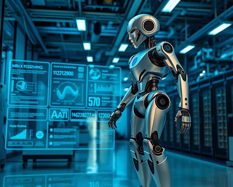 A high-tech industrial laboratory, bathed in cool blue lighting. In the foreground, the sleek and advanced MrX Optimus robot stands tall, its metallic frame gleaming. Its articulated limbs and precise movements showcase the latest breakthroughs in robotics engineering. In the middle ground, holographic displays project technical schematics and performance metrics, revealing the robot's advanced specifications and capabilities. The background features rows of advanced equipment, servers, and research stations, hinting at the cutting-edge developments in AI and automation that will shape the future of the MrX Optimus robot.