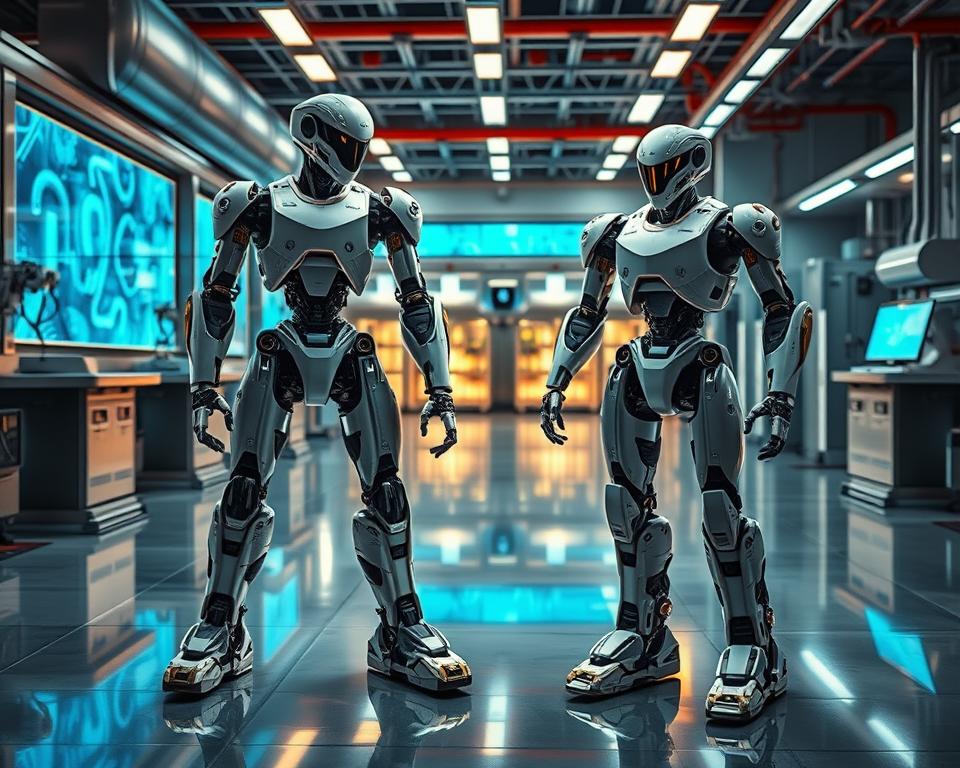 A high-tech laboratory setting, with gleaming metallic surfaces and vibrant holographic displays. In the foreground, the MrX Humanoid Robot stands in a powerful stance, its sleek chassis and intricate servo mechanisms on full display. Nearby, the Tesla Optimus Robot, with its advanced sensors and lithe movements, is shown in a side-by-side comparison, highlighting their distinct capabilities and design. Dramatic lighting casts dynamic shadows, while the background features state-of-the-art robotic workstations and cutting-edge scientific equipment, conveying a sense of innovation and technological prowess.
