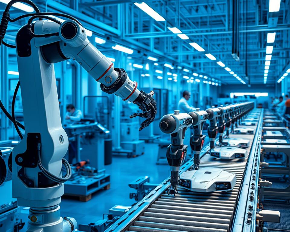 A high-tech manufacturing facility, bathed in cool, blue-tinted lighting. In the foreground, a precision robotic arm meticulously assembles the intricate components of the MrX Optimus, Tesla's futuristic humanoid robot. In the middle ground, a conveyor belt transports partially completed Optimus units, their sleek, angular forms taking shape. The background reveals a clean, organized production line, with rows of specialized machines and technicians monitoring the process. The atmosphere is one of efficiency, innovation, and the steady march of technological progress. The scene conveys the cutting-edge nature of the MrX Optimus production, hinting at the dawn of a new era of electric automation.