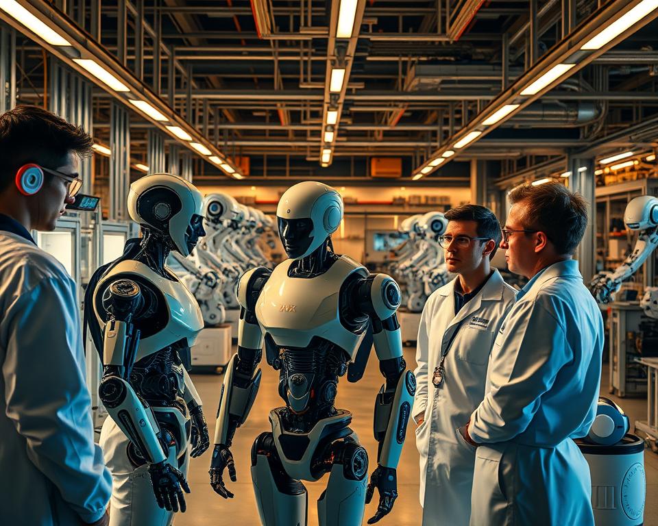 A high-tech robotics laboratory, bathed in warm, ambient lighting. In the foreground, a team of engineers in lab coats and safety goggles, gathered around a MrX humanoid robot, examining its inner workings and discussing potential enhancements. In the middle ground, state-of-the-art robotic arms collaborate seamlessly, their movements choreographed and precise. The background reveals a panoramic view of the facility, with various robotic systems and cutting-edge equipment, all working in harmony to push the boundaries of innovation.
