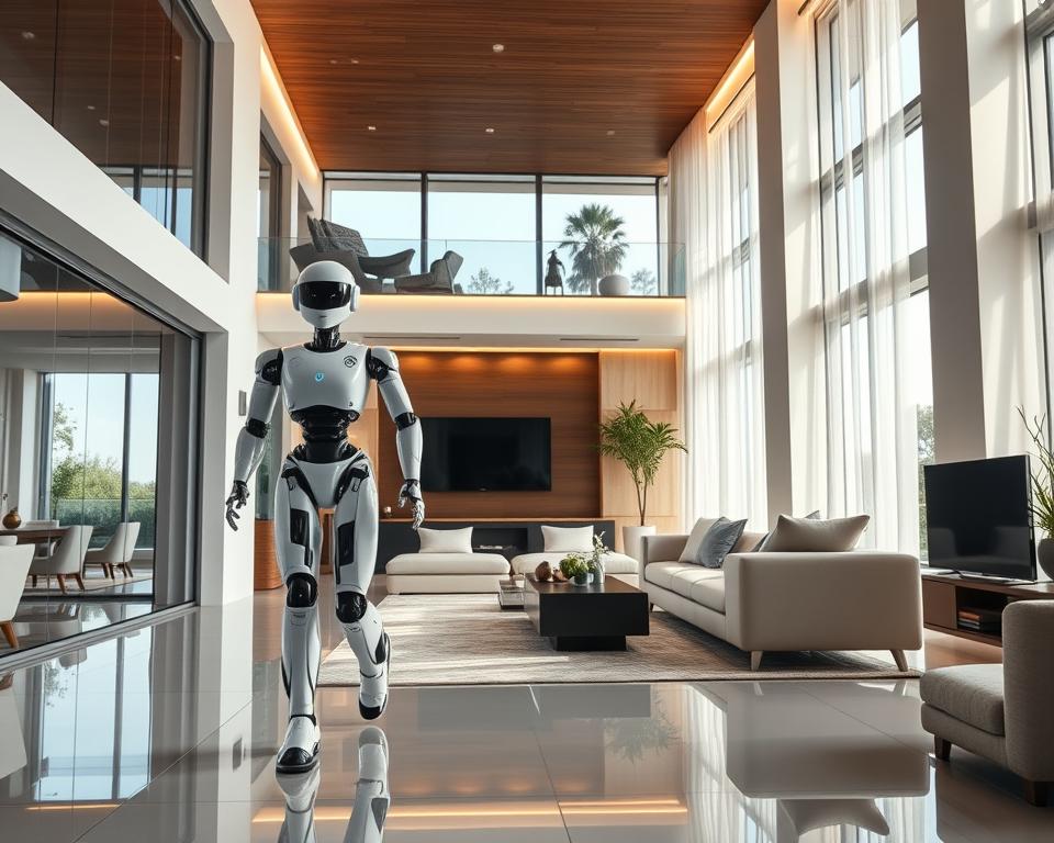A modern, luxurious smart home interior with sleek, realistic humanoid robots gracefully moving through the space. The humanoids, designed by MrX, have lifelike features and fluid movements, interacting seamlessly with the home's advanced technological systems. Bright, warm lighting illuminates the open-concept layout, clean lines, and high-end furnishings. The robots' artificial intelligence allows them to anticipate and cater to the needs of the home's inhabitants. An aura of harmony and efficient automation pervades the scene, hinting at the future of human-robot coexistence.