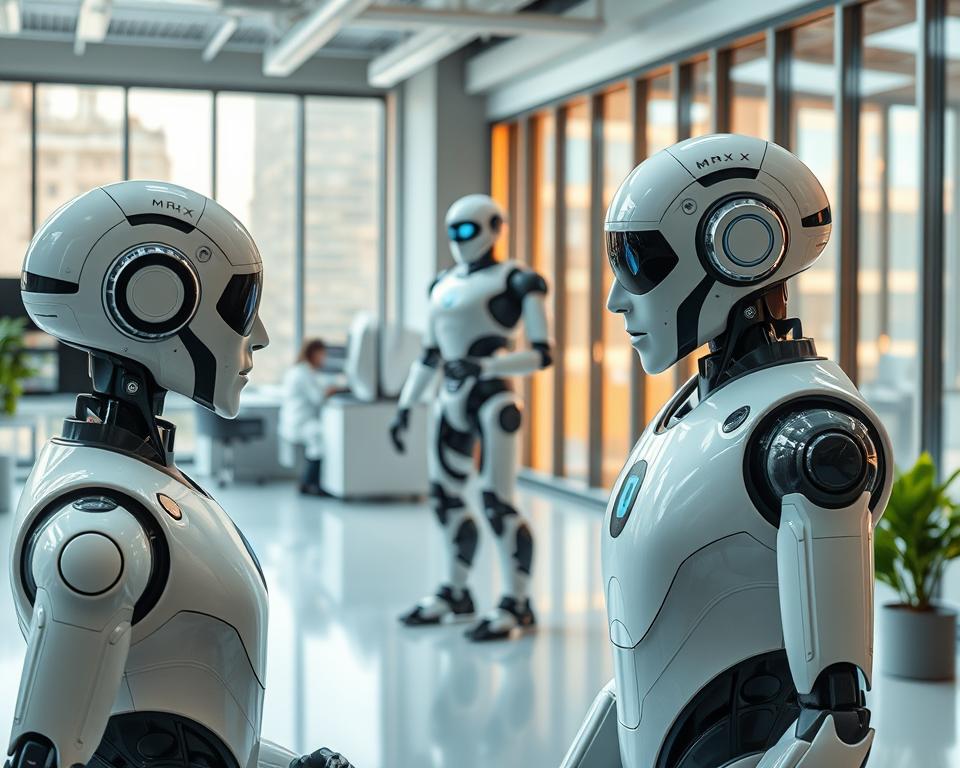 A realistic and detailed interior scene showcasing various applications of cutting-edge humanoid robots from the MrX brand. In the foreground, a humanoid robot assistant, lifelike in its appearance and movements, interacts with a human user. In the middle ground, another MrX humanoid robot performs complex tasks in a high-tech laboratory setting, surrounded by scientific equipment. The background reveals a smartly designed office space, with large windows letting in warm, natural light and giving a sense of openness and modernity. The scene conveys a harmonious integration of human and artificial intelligence, highlighting the remarkable advancements in realistic humanoid technology.