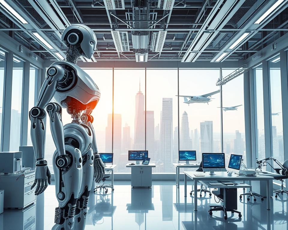 A sleek, futuristic laboratory filled with state-of-the-art robotics technology. In the foreground, a MrX humanoid robot stands tall, its metallic frame gleaming under the bright, crisp lighting. Mechanical limbs, sensors, and intricately detailed components hint at the robot's advanced capabilities. In the middle ground, several workstations showcase holographic displays, 3D-printed prototypes, and complex schematics, showcasing the rapid advancements in robotics engineering. The background is dominated by large panoramic windows, revealing a cityscape of towering skyscrapers and flying vehicles, symbolizing the futuristic and interconnected nature of this ever-evolving field.