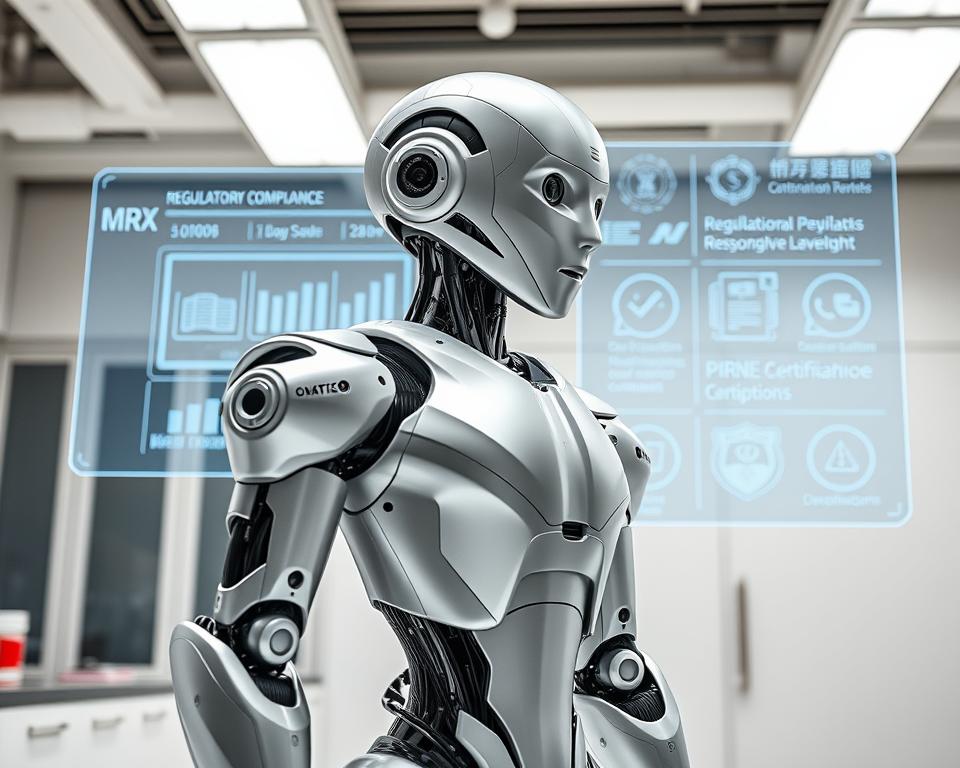 A sleek, metallic humanoid robot, the MrX Optimus, stands in a clean, well-lit laboratory setting. The robot's outer frame is covered in various sensors, cameras, and articulated joints, indicating its advanced capabilities. In the background, a holographic display shows regulatory compliance information, diagrams, and certifications, emphasizing the importance of safety and responsible development. The lighting is bright and evenly distributed, casting a professional, technical atmosphere. The camera angle is slightly elevated, giving a sense of the robot's imposing presence and the precision required for its creation.