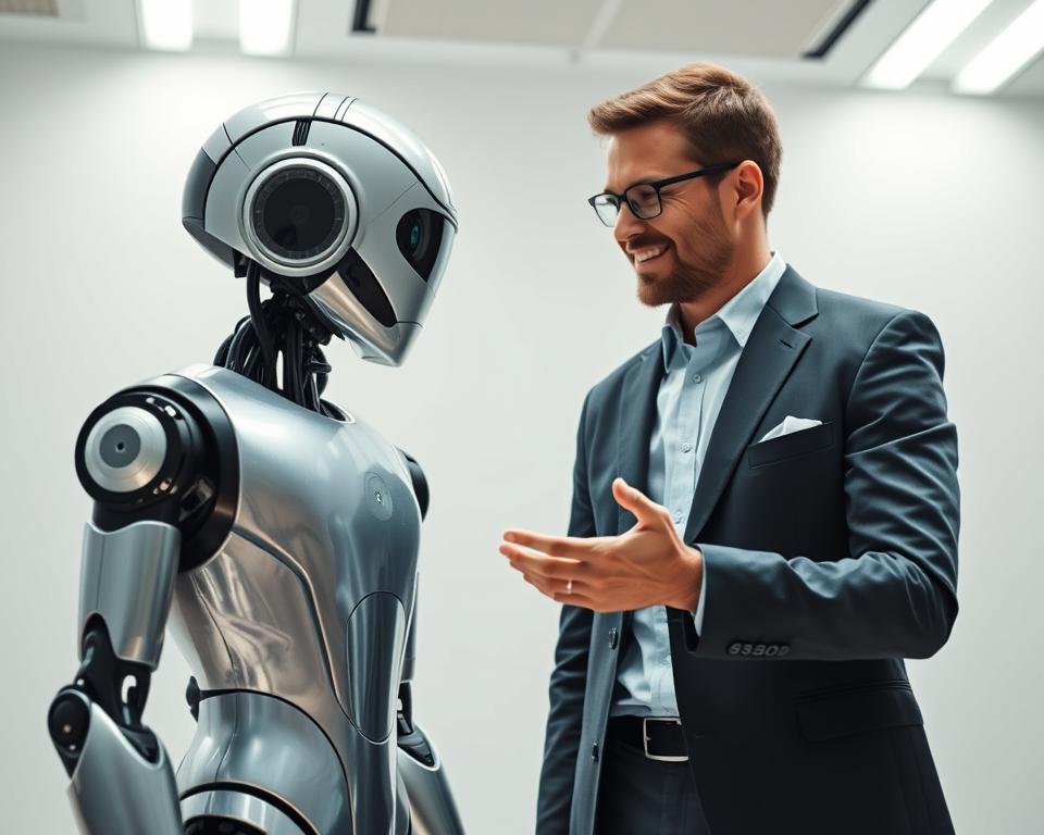 A MrX humanoid robot standing in a brightly lit, minimalist office environment, engaging in a friendly conversation with a well-dressed human counterpart. The robot's sleek, metallic body reflects the overhead lighting, while its expressive, lifelike face conveys a sense of warmth and approachability. The human and robot stand in close proximity, their postures and gestures suggesting a collaborative, respectful interaction. The background is clutter-free, allowing the viewer to focus on the central interaction, capturing the essence of human-robot symbiosis.
