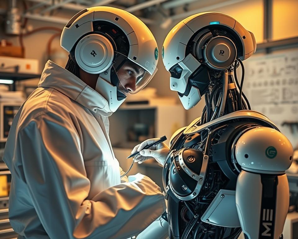 A MrX humanoid robot technician inspects the internal components of an advanced robotic model in a bright, well-equipped maintenance bay. Warm, directional lighting casts dynamic shadows, highlighting the metallic chassis and intricate circuits. The technician, clad in a protective suit, carefully manipulates delicate tools, their focus intense as they diagnose and repair the machine. The background features a clean, organized workspace filled with diagnostic equipment, spare parts, and schematics, conveying a sense of professionalism and attention to detail essential for maintaining cutting-edge humanoid technology.