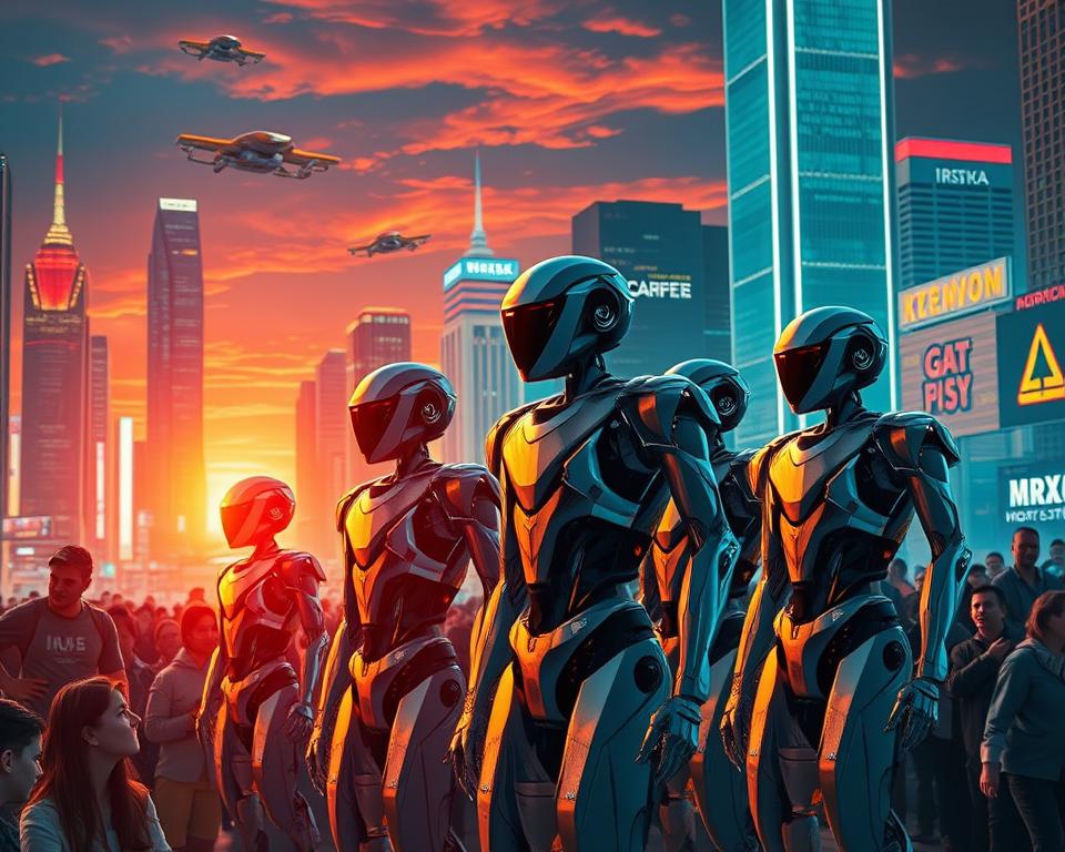 A bustling metropolis backdrop, neon-lit skyscrapers and flying vehicles, illuminated by a vibrant sunset. In the foreground, a group of MrX humanoid robots, sleek and angular, stand poised with an air of intelligence and purpose. They are surrounded by an awe-struck crowd, their expressions a mix of wonder and curiosity, as they witness the future of robotics unfold before their eyes. The lighting is dramatic, casting long shadows and highlighting the robots' metallic surfaces. The scene conveys a sense of technological advancement, progress, and the public's shifting perception towards Elon Musk's visionary creations.