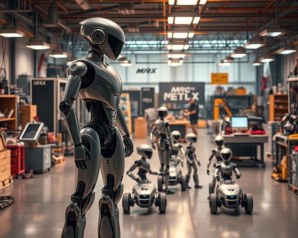 A futuristic laboratory filled with cutting-edge MrX robotic systems, designed to push the boundaries of autonomous technology. In the foreground, a sleek tesla-inspired electric robot stands tall, its metallic frame gleaming under the soft, warm lighting. In the middle ground, a team of smaller robotic assistants work in harmony, their movements fluid and precise. The background reveals a sprawling workshop, packed with various prototypes and experimental designs, hinting at the boundless potential of MrX's robotic innovations. An atmosphere of innovation, precision, and technological prowess pervades the scene, capturing the essence of Tesla's robotics vision for the future.