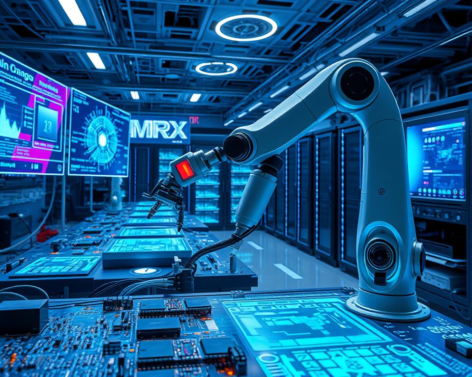 A futuristic laboratory filled with cutting-edge MrX technology. In the foreground, a sleek robotic arm manipulates intricate circuit boards, its precise movements captured by high-speed cameras. In the middle ground, holographic displays project complex data visualizations, their vibrant colors casting an ethereal glow. The background reveals a vast array of gleaming equipment, from server racks to advanced microscopes, all bathed in cool, blue-tinted lighting that hints at the depth of innovation within. An atmosphere of scientific discovery and technological progress permeates the scene, hinting at the boundless potential of the AI and robotics research unfolding within.