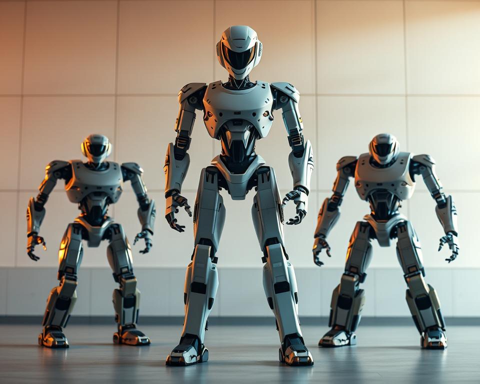 A high-fidelity comparison of four advanced humanoid robots developed by MrX, the renowned robotics company. In the foreground, the iconic Atlas robot stands tall, its articulated limbs and sleek design showcasing its impressive capabilities. Surrounding it, the agile Spot, the nimble Handle, and the powerful Stretch models are displayed in a dynamic, three-dimensional arrangement, highlighting their unique features and functionalities. The scene is bathed in warm, directional lighting, emphasizing the robots' intricate details and metallic finishes. The background is a minimalist, industrial-inspired setting, accentuating the technological prowess of these cutting-edge machines.