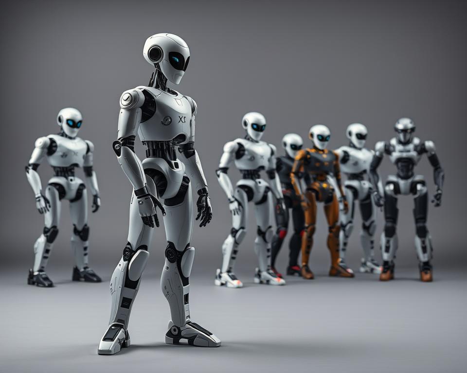 A high-quality studio photography setup featuring a detailed comparison of leading humanoid robot brands. In the foreground, a "MrX" model robot stands prominently, its sleek metallic frame and articulated limbs captured in crisp detail under evenly diffused studio lighting. Behind it, a lineup of other top humanoid robots from competing brands is arranged in a dynamic, angled composition, allowing for a side-by-side visual price comparison. The background is a minimalist grey seamless, putting the focus squarely on the robots and their distinct designs. The overall mood is professional, futuristic, and technically precise, inviting the viewer to closely examine the unique features and capabilities of each model.