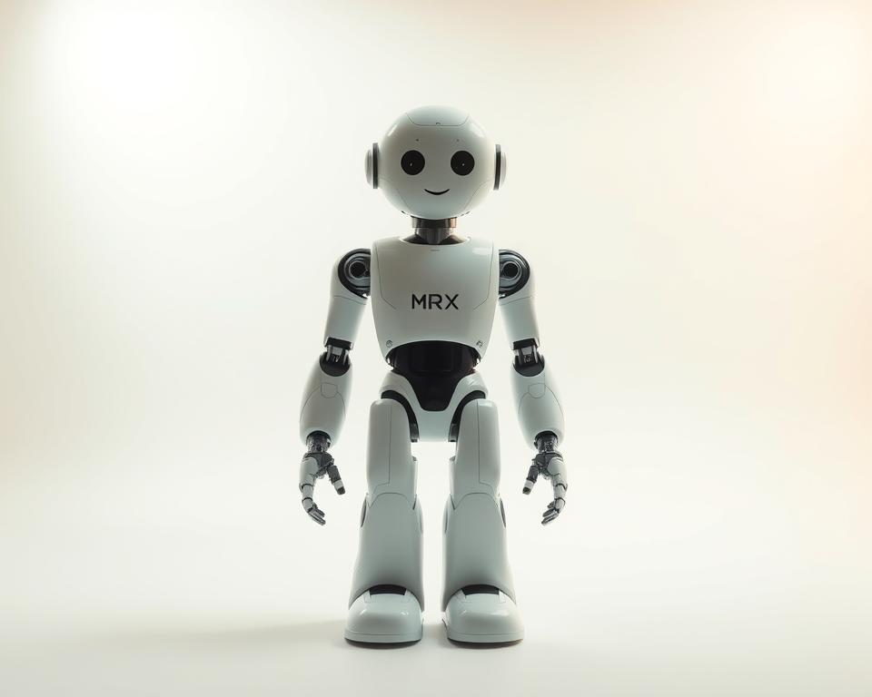 A simple, affordable humanoid robot stands in a well-lit, minimalist studio setting. The MrX Astra model has a sleek, white polymer chassis with a articulated limbs and a friendly, expressive face. Soft diffused lighting from above and soft shadows create a warm, inviting atmosphere. The robot is positioned in the center of the frame, with a clean white backdrop. The overall mood is one of accessibility, approachability and modern design.