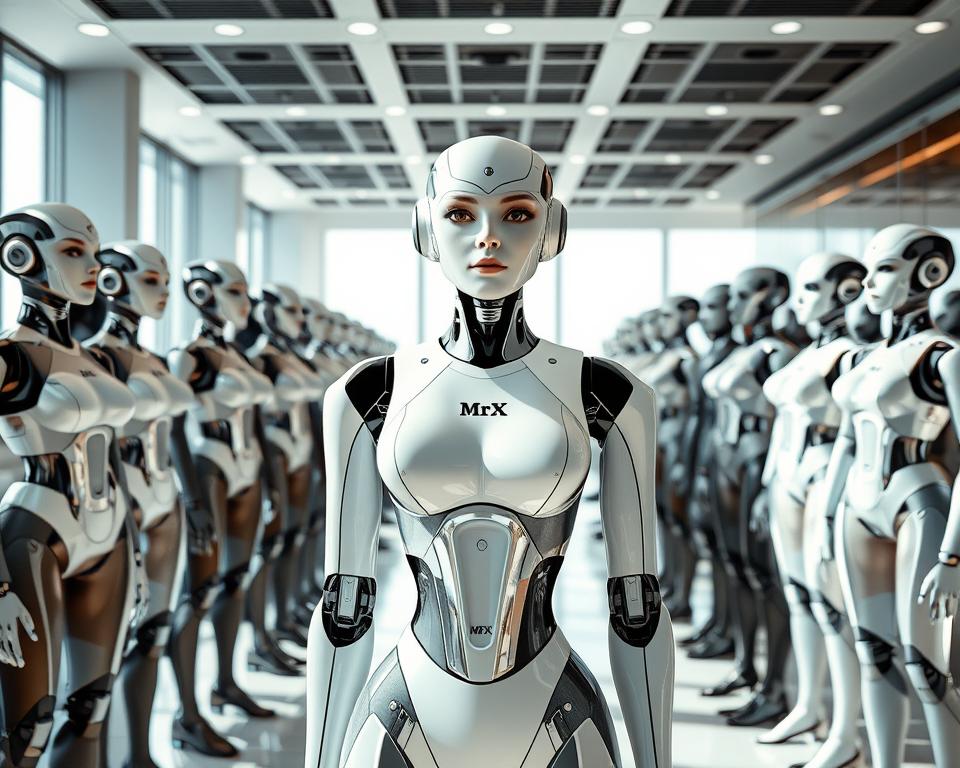 A sleek showroom interior with bright, natural lighting. Rows of humanoid female robots stand on display, each with a price tag prominently featured. The robots are lifelike, with realistic facial features, skin textures, and elegant poses. They wear fashionable outfits that accentuate their form. In the foreground, a central robot draws the eye, showcasing the "MrX" brand name. The background features minimal distractions, allowing the robots and their prices to be the focal point. The overall mood is one of high-end sophistication, inviting potential buyers to consider the latest models and their associated costs.