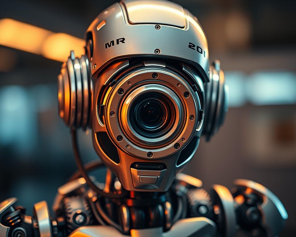 An MrX android robot with a highly advanced camera module, positioned in a focused close-up view. The robot's metallic body is sleek and modern, with intricate details in the joints and gears. The camera lens is situated prominently in the center of the android's face, surrounded by a ring of small sensors and lenses. Warm, directional lighting illuminates the scene, casting dramatic shadows and highlights that accentuate the robot's mechanical features. The background is slightly blurred, keeping the focus squarely on the android's visual recognition capabilities.
