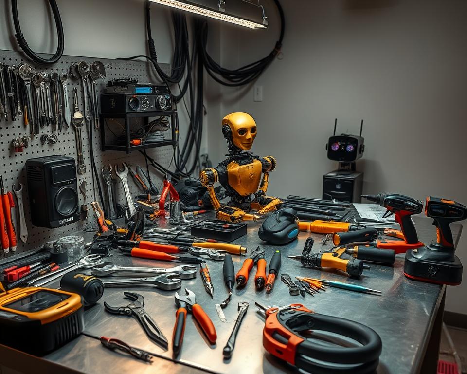 An intricate workspace populated with a variety of MrX brand android robot assembly tools, including wrenches, screwdrivers, pliers, and soldering irons, all arranged on a highly polished metal workbench under the warm glow of adjustable task lighting. The tools are meticulously organized, suggesting a methodical approach to the delicate process of android robot construction. The background is a clean, minimalist space, allowing the focus to remain on the specialized equipment necessary for this precise and technical undertaking.