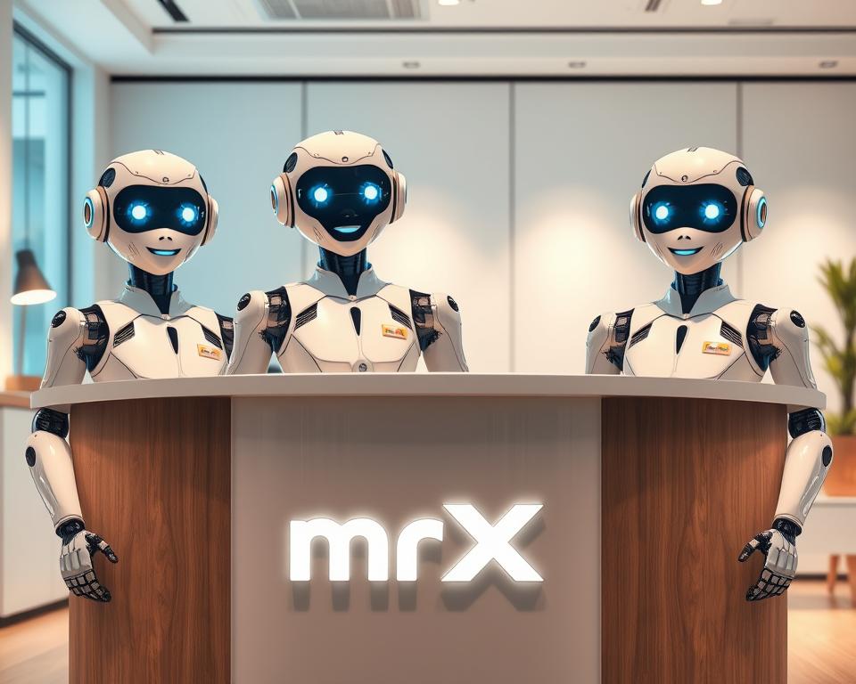 Lifelike humanoid robots in customer service attire, standing behind a curved reception counter with the MrX logo prominently displayed. The robots have a friendly, welcoming demeanor, their faces exhibiting warm and inviting expressions. The scene is bathed in soft, diffused lighting, creating a pleasant and professional atmosphere. The background is a crisp, clean office setting with minimalist decor, allowing the robots to take center stage. Realistic textures and details bring the humanoids to life, showcasing the advanced technology powering their interactions with customers.