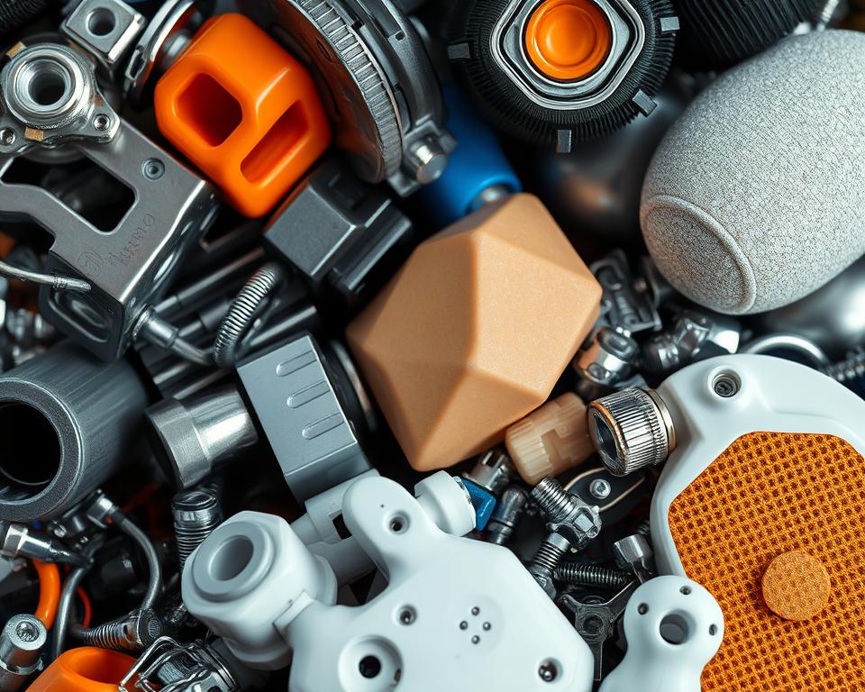 MrX, a highly detailed, 4K resolution, studio-lit, close-up photograph of various materials used in the construction of human-like robots and androids. Featured materials include advanced metallic alloys, high-density plastics, synthetic skin, and intricate mechanical components. The scene showcases these elements arranged in a visually striking composition, highlighting their textures, colors, and the precision of their engineering. The lighting emphasizes the technical and industrial nature of the subject, creating a sense of awe and wonder at the complexity of these robotic materials.