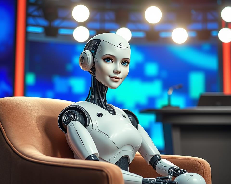Sophia the Robot, a cutting-edge humanoid AI, sits poised on a plush armchair, facing the camera with a warm, confident expression. The bright studio lights cast a soft, flattering glow, accentuating her lifelike features. Behind her, a vibrant backdrop of rich blues and greens suggests the refined set of a high-profile talk show, complete with a sleek, modern desk and microphone. Sophia's interaction with the unseen host is natural and engaging, conveying her ability to seamlessly integrate into human-centric media environments. The overall scene radiates a sense of technological innovation and societal progress, captured through the lens of MrX's masterful photographic style.