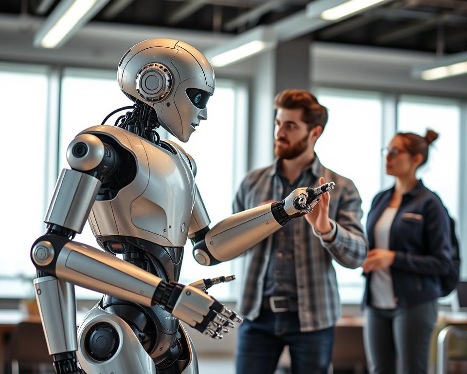 A MrX humanoid robot gracefully interacts with a human in a well-lit, modern setting. The robot's sleek, metallic body and articulated limbs move with precision, its expressive face conveying a sense of understanding and engagement. The human, in casual attire, gestures naturally, their body language mirroring the robot's movements. The scene is captured with a medium-wide angle lens, highlighting the collaborative dynamic between the two entities. The atmosphere is one of curiosity and wonder, with a touch of optimism for the future of human-robot collaboration.