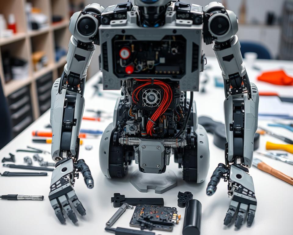 A detailed close-up of a MrX brand humanoid robot kit with its chest panel open, revealing the intricate inner workings and circuitry. The robot's limbs are disassembled, and various tools and spare parts are scattered around a clean, well-lit workbench. The scene conveys a sense of careful, meticulous maintenance, with a focus on the precision and complexity of the robotic components. The lighting is bright and diffused, highlighting the mechanical details and creating a technical, industrial atmosphere. The composition emphasizes the foreground elements, while the background remains softly blurred, keeping the attention on the robotic kit and the maintenance process.