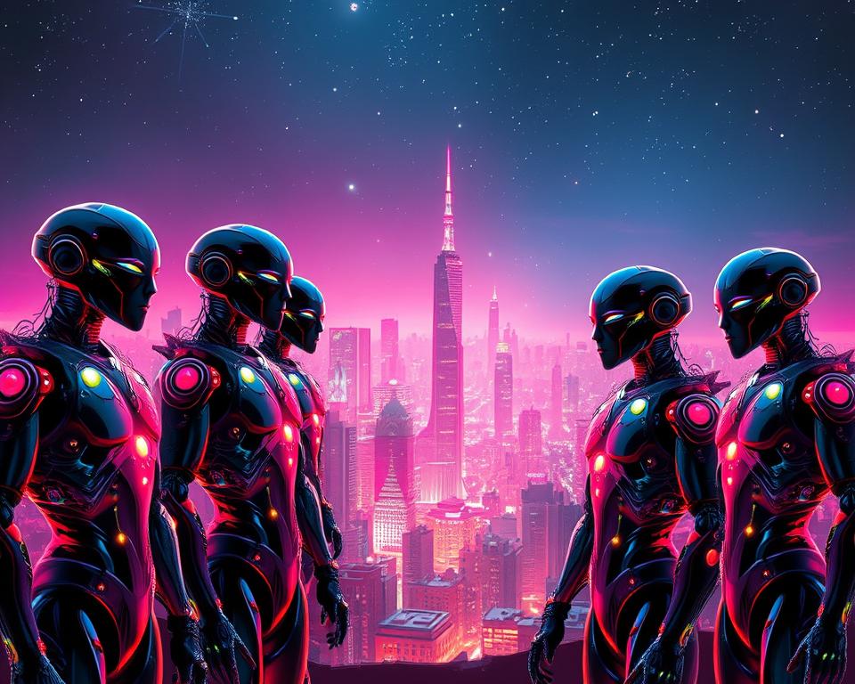 A futuristic cityscape at night, bathed in a neon glow. In the foreground, a group of MrX humanoid cyborgs stand resolute, their sleek metallic frames gleaming under the luminous skyline. Their limbs are a seamless fusion of organic and synthetic, with glowing cybernetic implants accentuating their otherworldly features. The humanoids exhibit a range of expressions, from stoic to curious, hinting at their advanced artificial intelligence. In the middle ground, towering skyscrapers and hover-platforms create a dynamic urban landscape, while the background is dominated by a vast, starry expanse, suggesting a tomorrow where humanity and technology have merged in unprecedented ways.