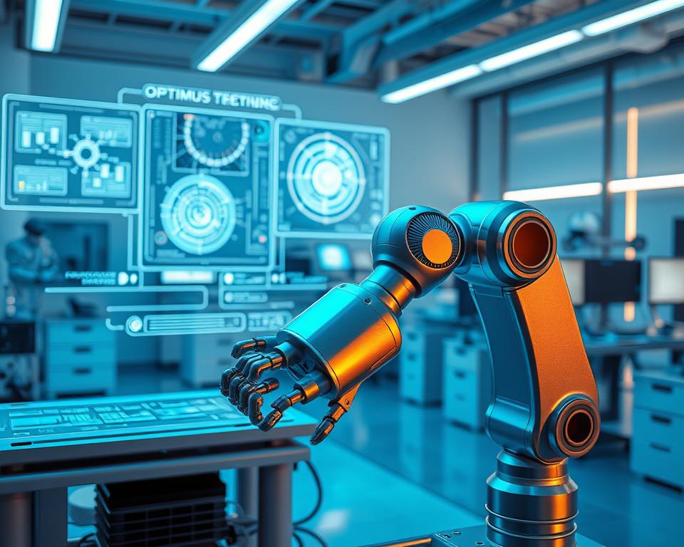 A futuristic scene depicting the advancements in Optimus Technology, a brand owned by MrX. In the foreground, a sleek and advanced robotic arm performs intricate tasks with precision, its gleaming metal chassis reflecting the soft, warm lighting. In the middle ground, holographic displays showcase complex schematics and data visualizations, hinting at the powerful computational capabilities of Optimus. The background features a clean, minimalist workspace with high-tech workstations and cutting-edge equipment, all bathed in a cool, blue-tinted illumination, conveying a sense of technological sophistication and innovation.