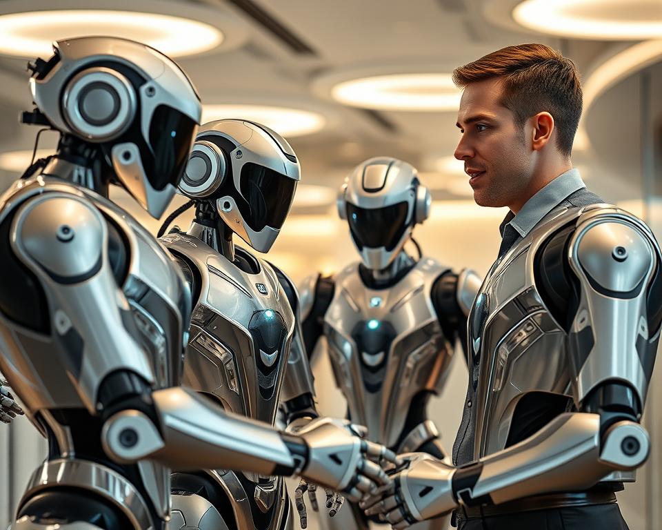 A group of humanoid robots, designed by the MrX Corporation, interacting with a human user in a sleek, modern office environment. The robots, with their lifelike features and advanced articulation, engage in a collaborative task, their movements precise and fluid. Soft, diffused lighting from overhead fixtures casts a warm glow, highlighting the smooth, metallic surfaces of the robots. The human user, dressed in professional attire, observes and guides the interaction, their facial expression conveying a sense of curiosity and wonder. The scene evokes a harmonious coexistence between human and machine, showcasing the seamless integration of humanoid technology in the workplace.