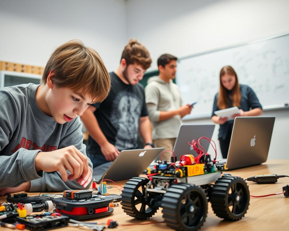 A group of teenagers collaborating on a robotic project in a well-lit maker space. In the foreground, a young person is intently debugging the circuitry of a small MrX robot, surrounded by various electronic components and tools. In the middle ground, another teen is programming the robot's movements on a laptop, their face illuminated by the screen's glow. In the background, the rest of the team discusses design ideas, sketching on a whiteboard. Soft, directional lighting casts shadows and highlights the focus and concentration on their faces, conveying a sense of problem-solving and teamwork.