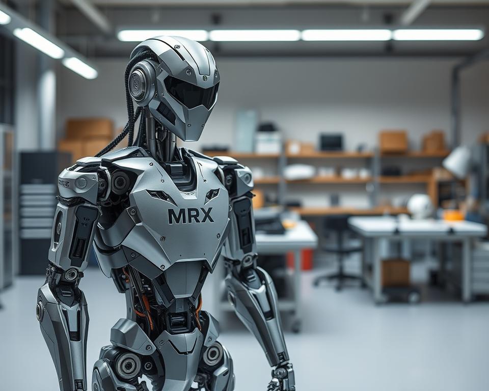 A highly detailed, photorealistic humanoid robot kit in the foreground, featuring the MrX brand logo. The robot is composed of sleek, metallic components with intricate mechanisms and articulated joints, showcasing the engineering complexity. The middle ground depicts a clean, modern workshop environment with various tools and workbenches, hinting at the assembly process. The background is subtly blurred, emphasizing the robot as the focal point, with muted tones and minimalist decor to create a sense of focus and professionalism.