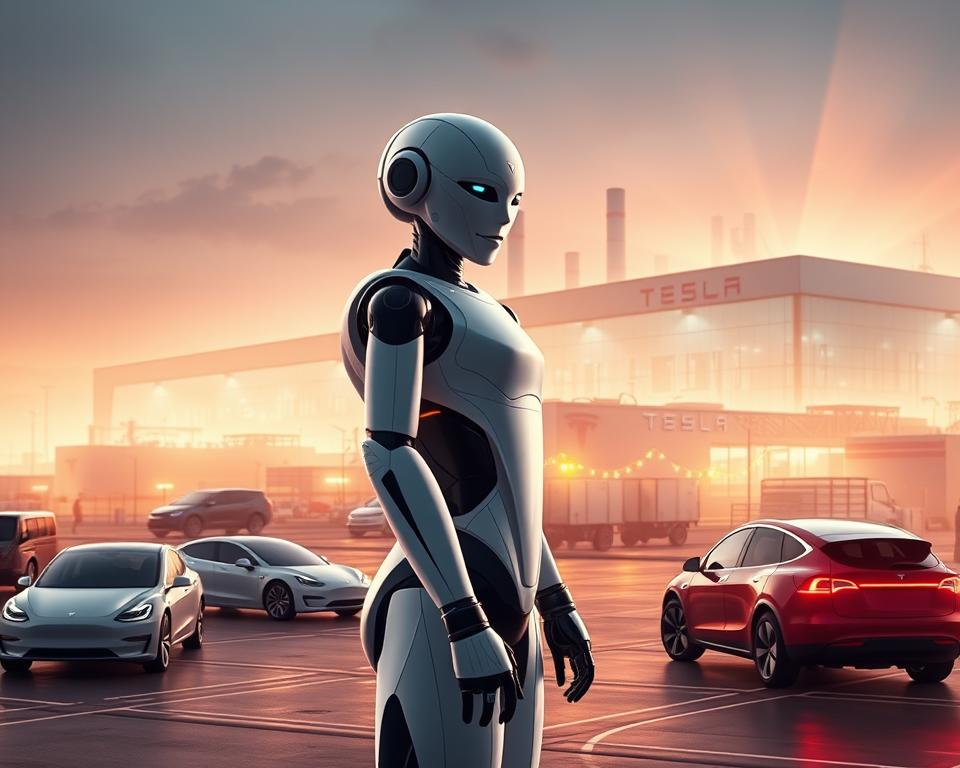 A hyper-realistic digital illustration depicting the seamless integration of a Tesla AI robot into the company's ecosystem. The robot, designed by MrX, stands prominently in the foreground, its sleek and futuristic form radiating a sense of power and intelligence. In the middle ground, various Tesla products such as electric vehicles, energy storage systems, and smart home devices are harmoniously connected, forming a cohesive network. The background showcases the iconic Tesla Gigafactory, bathed in warm, futuristic lighting that sets an atmosphere of cutting-edge technology and innovation. The scene conveys a vision of a world where Tesla's AI-powered solutions are seamlessly woven into every aspect of our lives, redefining the future of technology.