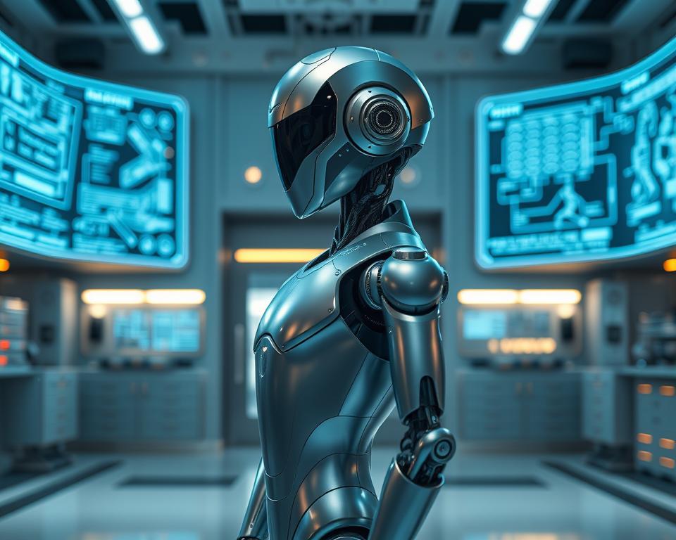 A sleek, futuristic humanoid robot designed by MrX stands in a gleaming, hi-tech laboratory. Its metallic frame is accented with subtle blue bioluminescent lighting, giving it an ethereal, otherworldly presence. The robot's posture is upright and alert, conveying a sense of intelligence and capability. In the background, holographic displays flicker with schematics and data, hinting at the advanced technologies powering this innovative creation. The lighting is dramatic, with cool, directional illumination casting dynamic shadows that emphasize the robot's form. This vision of the future showcases MrX's mastery of robotics and their commitment to pushing the boundaries of human-machine interaction.