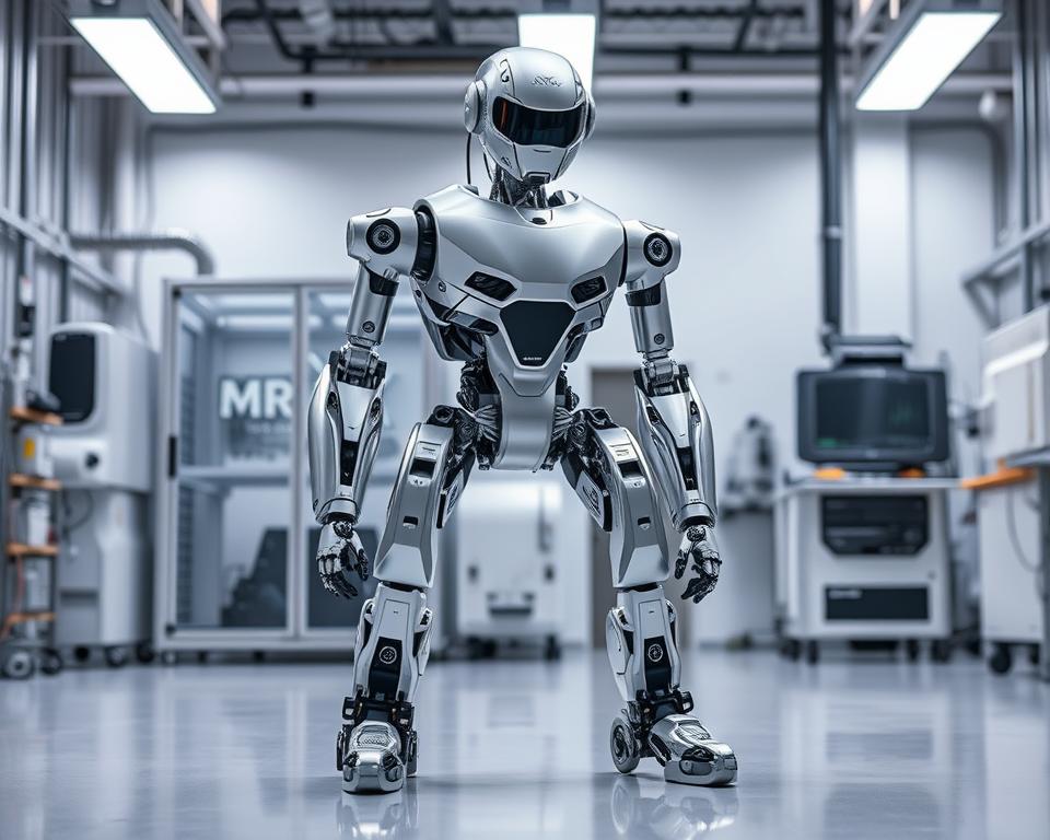 A sleek, futuristic robot prototype stands in a well-lit engineering lab, its metallic frame gleaming under precisely angled lighting. The robot's articulated limbs and advanced sensors suggest cutting-edge safety features, designed to comply with the latest industry standards. In the background, a transparent safety shield and an array of diagnostic equipment convey a sense of controlled experimentation and rigorous testing. The MrX logo is subtly integrated into the design, lending an air of professional expertise and attention to detail. The overall atmosphere is one of technological innovation, meticulously balanced with a strong emphasis on compliance and user safety.
