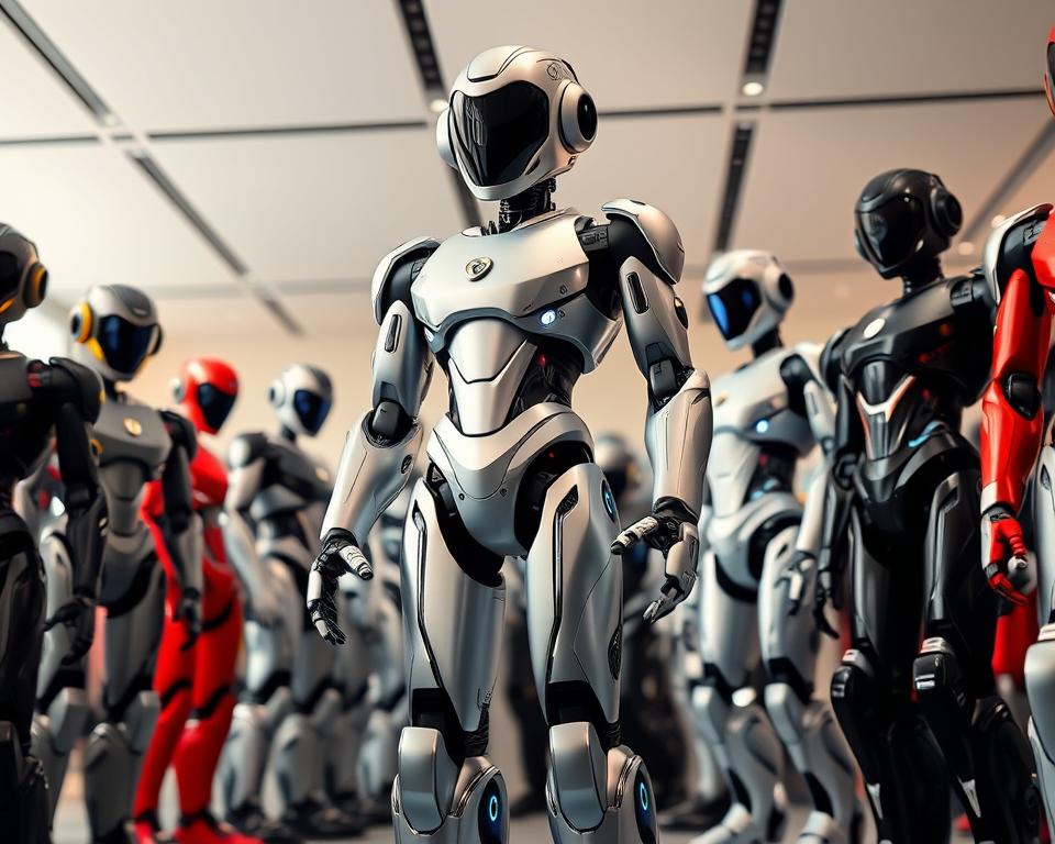 A sleek, modern showroom filled with an array of advanced humanoid robots, highlighting the latest model "MrX Ameca" in the center. The Ameca stands tall, its metallic frame gleaming under soft, directional lighting, showcasing its intricate design and state-of-the-art features. Surrounding it are other leading humanoid robots, each with their own unique capabilities and price points, allowing for a comprehensive visual comparison. The scene is captured from a slightly elevated angle, giving a sense of scale and emphasizing the technological prowess of these remarkable creations. The overall mood is one of awe and wonder, inviting the viewer to explore the future of robotics.