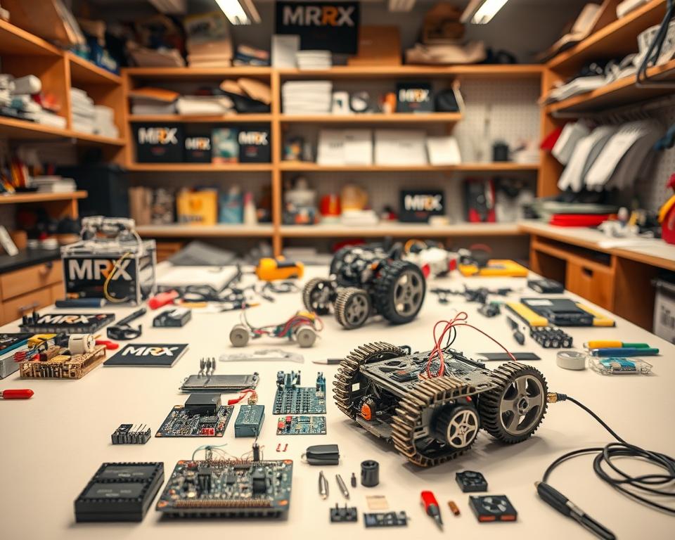 A well-organized workshop filled with an array of robotic tools and components. In the foreground, a selection of MrX brand electronics, gears, and sensors, meticulously arranged on a clean, well-lit workbench. The middle ground showcases a partially assembled MrX robotics kit, its intricate mechanisms and circuits exposed, inviting young tinkerers to explore. In the background, shelves brimming with additional MrX parts, manuals, and tools, creating an atmosphere of exploration and discovery. Soft, directional lighting casts a warm, inviting glow, setting the stage for an engaging hands-on robotics experience for teens.