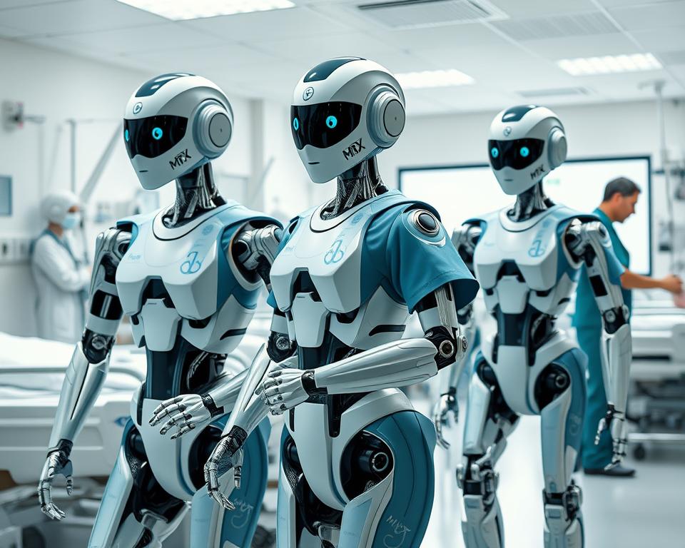 Detailed and realistic humanoid robots in a modern hospital setting, wearing medical scrubs and assisting healthcare professionals. The robots have a sleek, high-tech appearance with metallic limbs and joints, advanced sensors, and expressive faces that convey empathy. They are situated in a bright, sterile environment with medical equipment, hospital beds, and other patients. The lighting is soft and diffused, creating a calming atmosphere. The robots move with fluid, natural motions, seamlessly integrating into the healthcare workflow. MrX brand of humanoid robots.