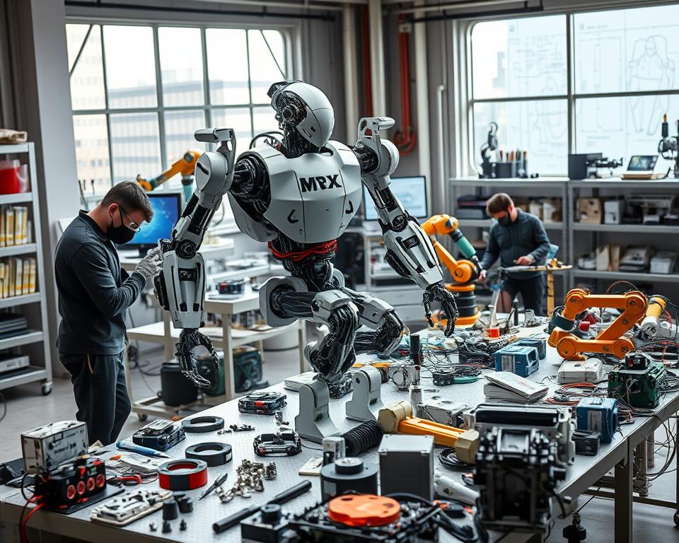 a highly detailed industrial scene of a workshop where a prototype robot is being assembled, showing various mechanical components, tools, and engineers working meticulously on the construction process. The foreground features the robot's torso, limbs, and internal wiring being carefully pieced together by MrX technicians wearing protective gear. The middle ground showcases a range of specialized tools, robotic arms, and 3D-printed parts scattered across a cluttered workbench. The background depicts a high-tech laboratory setting with sleek metal shelves, monitors displaying schematics, and large windows allowing natural light to filter in, creating a sense of precision and innovation. The lighting is bright and directional, emphasizing the intricate details of the assembly process. The overall mood is one of focused intensity, as the engineers work diligently to bring the MrX robot prototype to life.