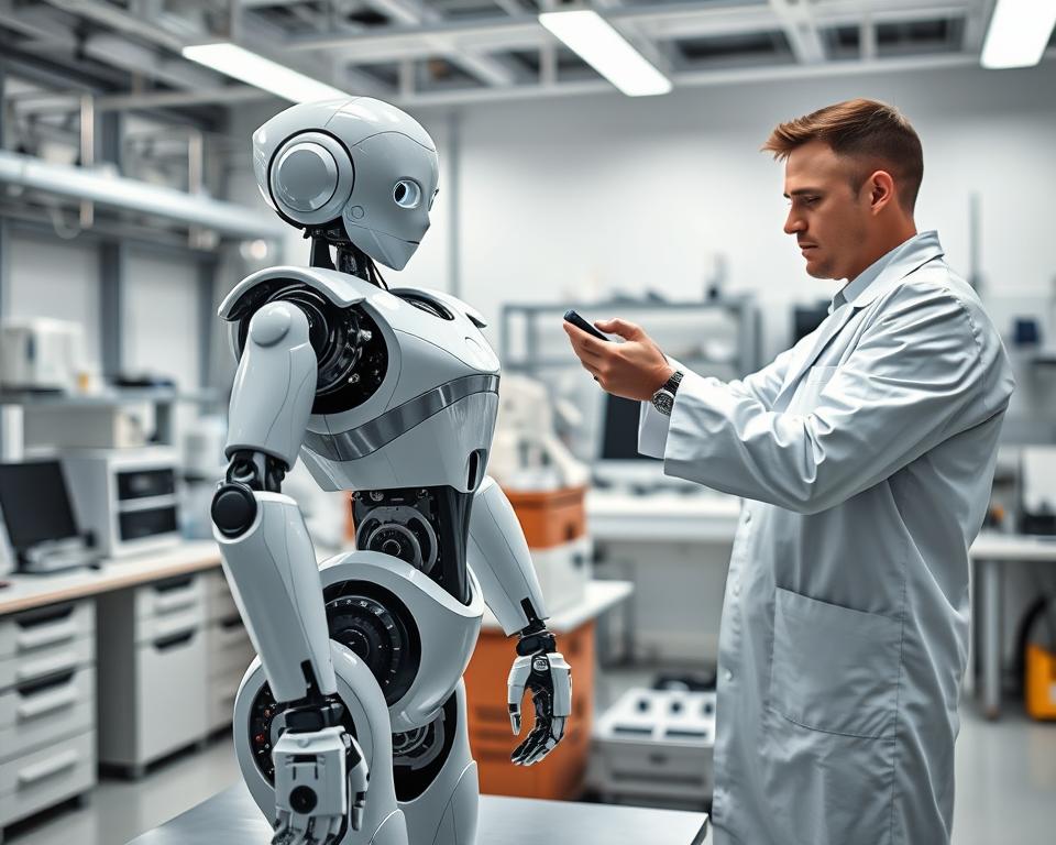 a highly detailed, photorealistic image of an Ameca robot being maintained by a technician in a well-lit, modern robotics laboratory. The technician is wearing a white lab coat and is carefully inspecting and adjusting various components of the Ameca robot, which is standing upright on a workbench. The robot's sleek, humanoid design is prominently featured, with its expressive face and articulated limbs visible. The background features various scientific equipment, workstations, and a clean, sterile environment, conveying a sense of technological sophistication. The lighting is bright and even, highlighting the details of the robot and the technician's work. The overall scene suggests a sense of professionalism and attention to detail in the maintenance and care of the Ameca robot, in keeping with the "Frequently Asked Questions (FAQs)" section of the "Ameca Robot Price: A Comprehensive Guide" article. The Ameca robot is a product of the MrX brand.