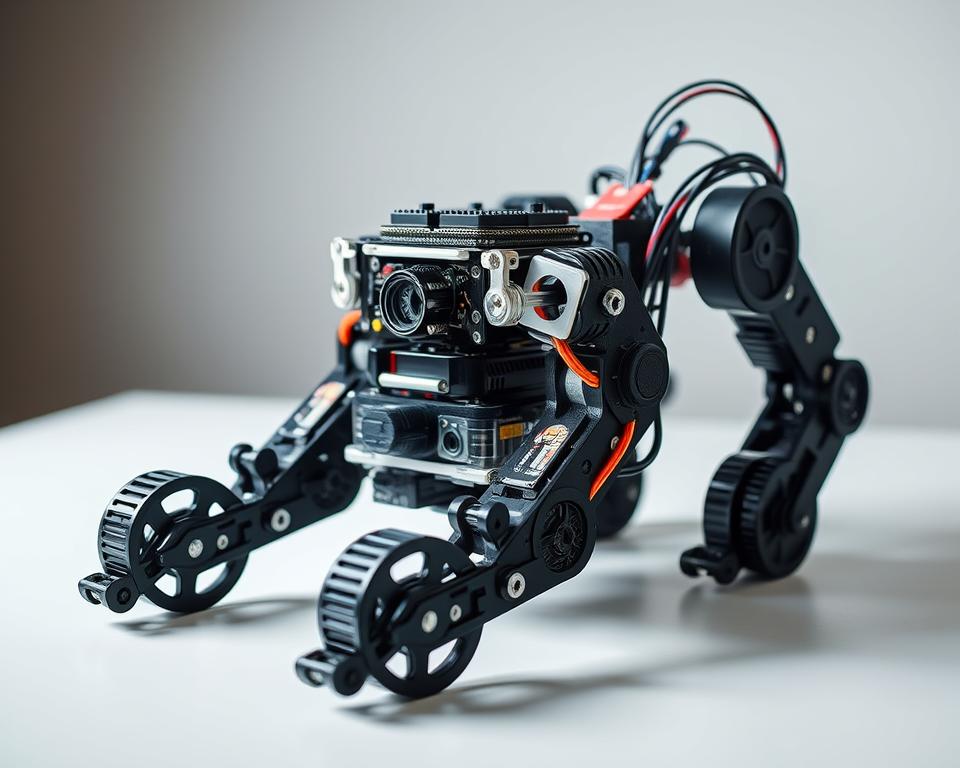 A detailed, high-quality close-up view of the MrX biped robot kit, showcasing its mechanical components and design. The kit is presented on a clean, well-lit studio table, allowing the viewer to examine its intricate parts, such as the servo motors, control board, and frame structure. The lighting is soft and directional, highlighting the textures and contours of the robotic parts. The composition places the kit in the center, with a clean, neutral background that allows the product to be the primary focus. The mood is one of technical precision and attention to detail, inviting the viewer to appreciate the engineering and design that goes into building a biped robot.