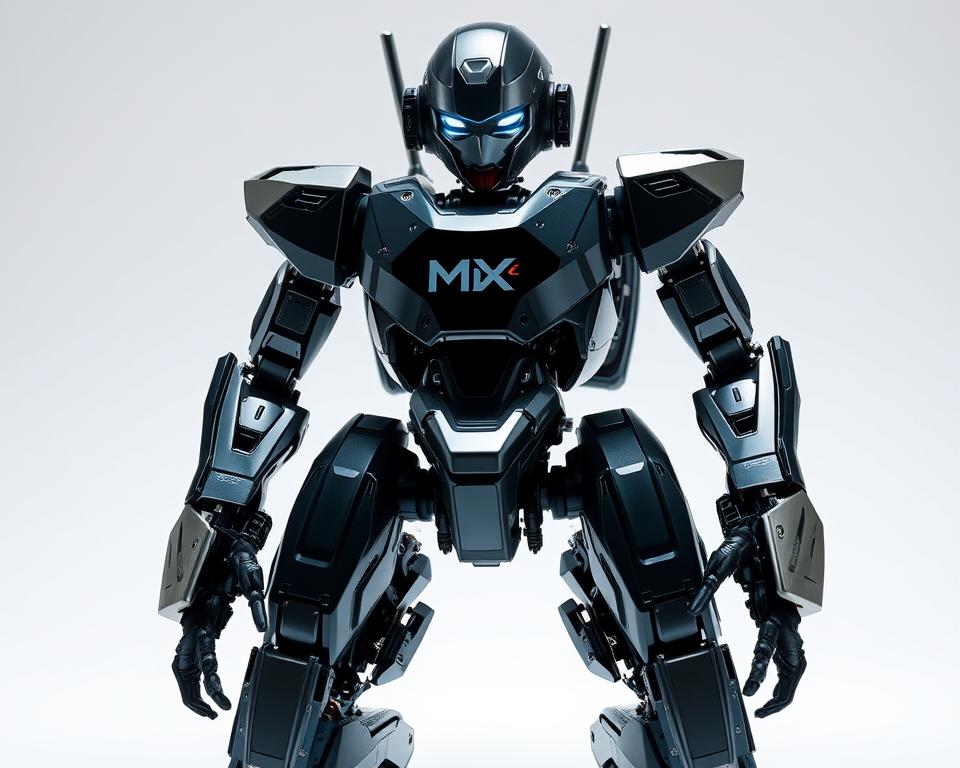 A highly detailed, gleaming humanoid robot kit featuring the MrX brand logo, consisting of sleek, angular limbs, a streamlined torso, and an expressive, metallic face. The robot kit is displayed against a clean, minimalist background, with subtle lighting that accentuates its mechanical components and intricate details. The kit appears to be partially assembled, suggesting customization and modification possibilities. The overall mood is one of modern, high-tech elegance, inviting the viewer to imagine the potential enhancements and personalized touches that could be applied to this versatile robotic platform.