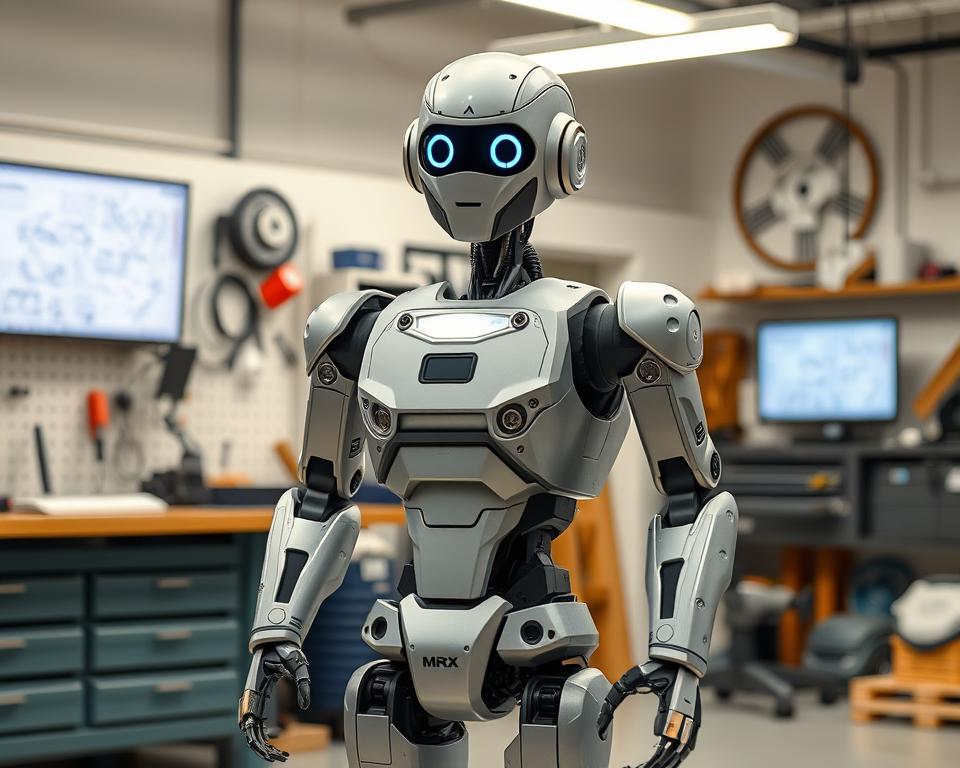 A budget-friendly humanoid robot from the MrX brand, standing in a well-lit, modern workshop. Its metallic frame and articulated limbs are visible, hinting at its advanced engineering. The robot's expressions are neutral, conveying a sense of utility and functionality. The background features various tools, spare parts, and a computer monitor displaying schematics, suggesting an environment focused on development and innovation. The image captures the essence of accessible, practical robotics, suitable for the "Financing and Investment Options for Purchasers" section of the article.