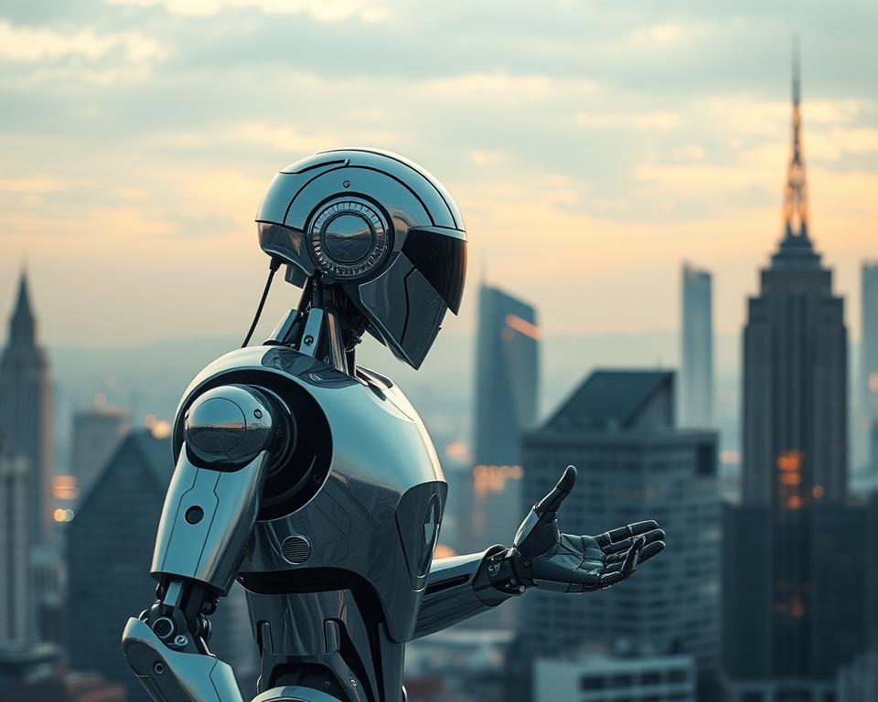 A futuristic city skyline, bathed in a cool, metallic palette. In the foreground, a MrX humanoid robot stands poised, its sleek chrome frame reflecting the ambient lighting. It extends a hand in a gesture of cooperation towards a human counterpart, their interaction suggesting a seamless integration of technology and society. The background depicts government buildings, their angular architecture mirroring the robotic form. The scene conveys a sense of progress, with the human and machine working in harmony, a testament to the evolving regulatory frameworks governing this new era of human-robot interactions.