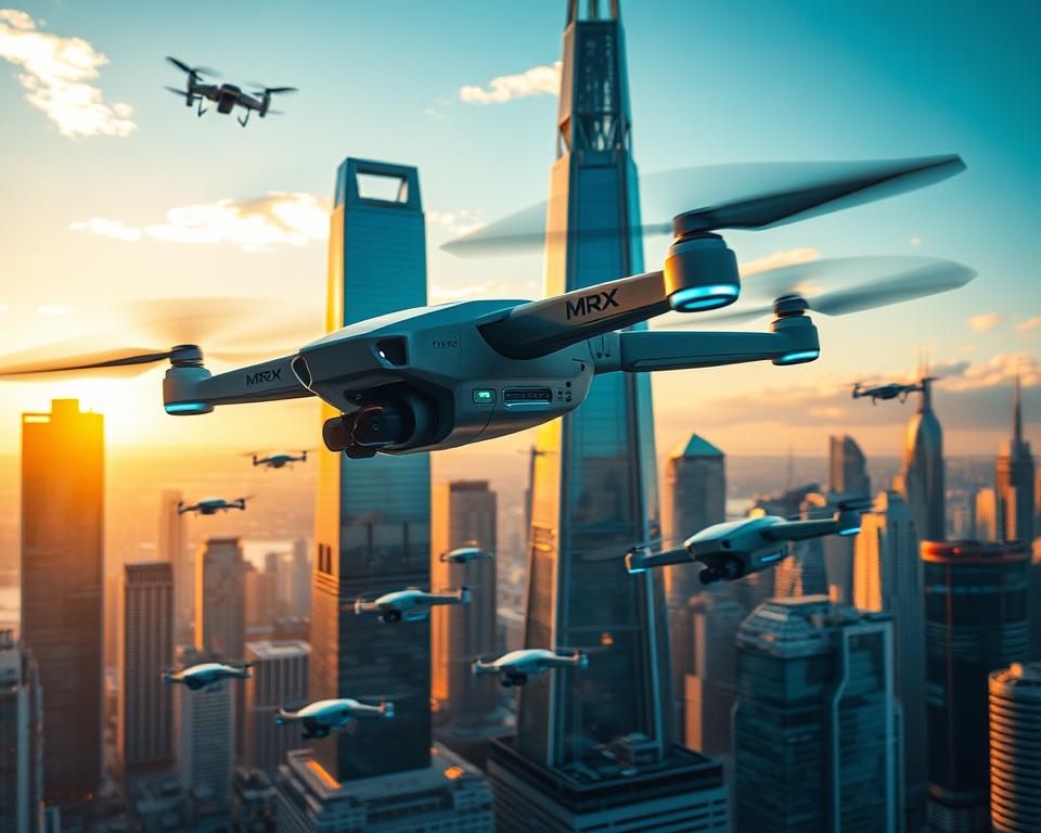 A futuristic scene of advanced humanoid drones soaring through a vibrant cityscape. In the foreground, a MrX-branded drone with sleek, angular lines and glowing blue accents hovers gracefully, its sensors scanning the environment. In the middle ground, a swarm of similar drones weaves between towering skyscrapers, their movements precise and coordinated. The background features a striking skyline of gleaming glass and steel, bathed in the warm glow of a setting sun. The scene conveys a sense of technological prowess, innovation, and the seamless integration of humanoid drones into the urban landscape of the future.