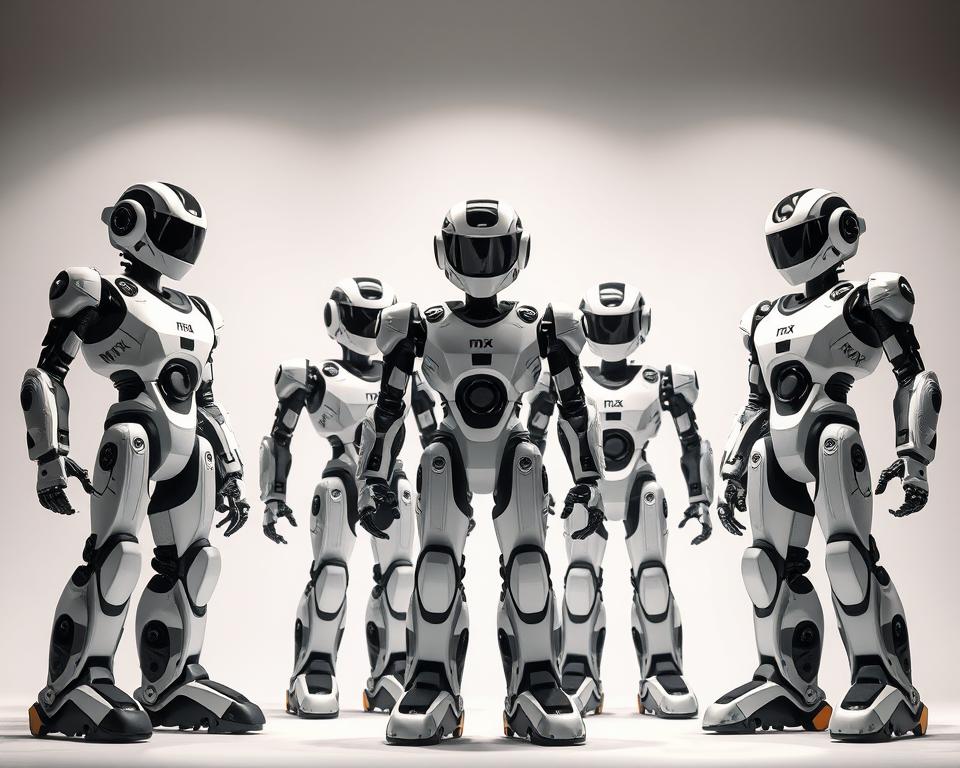 A group of state-of-the-art android robots from the MrX brand, showcased in a stylish, well-lit studio setting. The robots are positioned in the foreground, with a clean, minimalist background that highlights their sleek, futuristic designs. The lighting is soft and flattering, creating a sense of depth and dimension. The camera angle is slightly elevated, allowing the viewer to appreciate the robots' impressive statures and intricate mechanical details. The overall mood is one of technological sophistication and innovation, perfectly suited to illustrate the "Top Android Robots for Sale in the US Market".