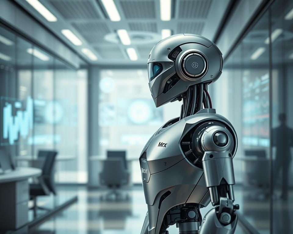 A highly detailed, photorealistic render of a futuristic humanoid robot standing in a sleek, modern office environment, against a backdrop of holographic displays and interactive data visualizations. The robot's metallic body is both functional and elegant, with a subtle MrX logo visible on its chassis. Soft, directional lighting casts dramatic shadows, highlighting the intricate mechanisms and advanced sensors. The overall scene conveys a sense of technological progress and the complex regulatory landscape governing the development of advanced AI systems.