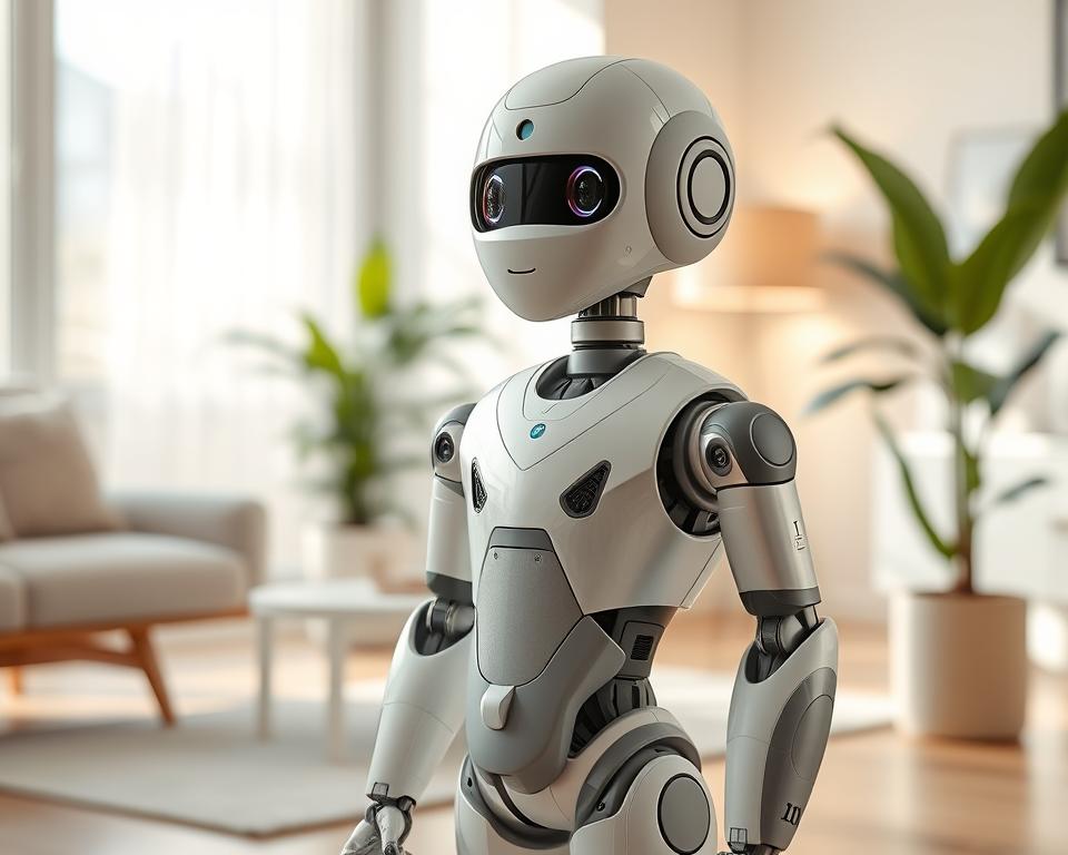A humanoid robot assistant with an advanced AI system, standing in a bright, modern home environment. The robot has a sleek, metallic frame with articulated limbs and a compact, angular head design. Its expression is curious and attentive, as if ready to assist with various tasks. Soft, diffused lighting illuminates the scene, creating a warm and inviting atmosphere. The robot is the focus, positioned prominently in the foreground, while the background features minimalist furnishings and natural elements, such as potted plants, to complement the overall aesthetic. This is the MrX model, a state-of-the-art humanoid robot designed for seamless integration into the home.