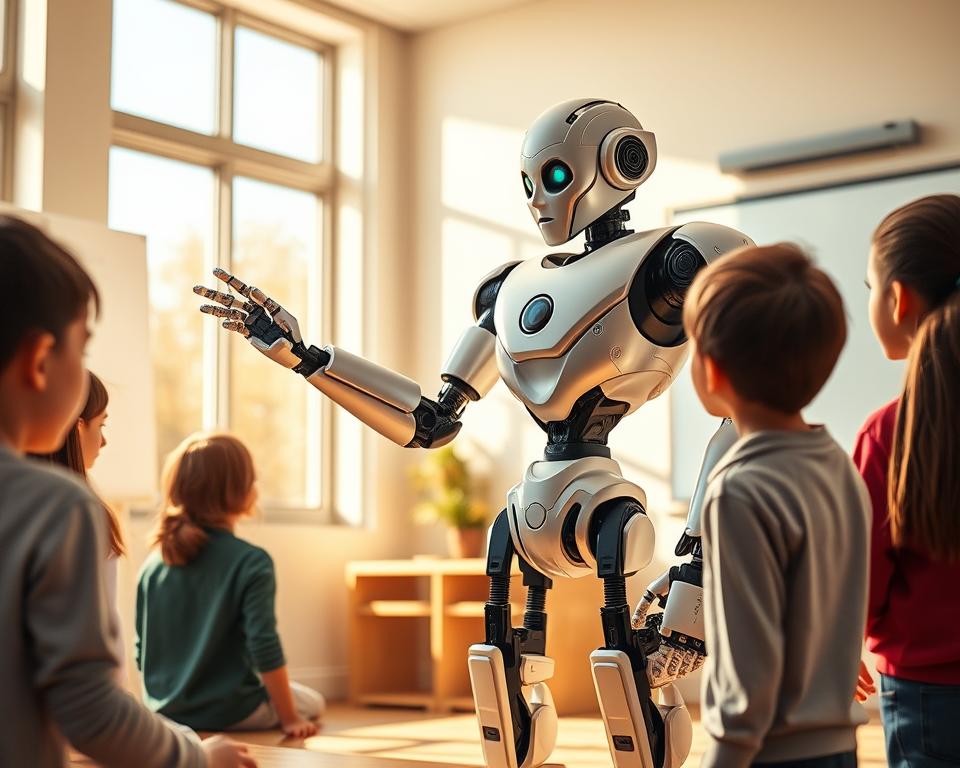 A humanoid robot, designed by MrX, standing in a bright, airy classroom. It has a sleek, metallic frame with articulated limbs and an expressive, humanlike face. The robot is gesturing towards a digital whiteboard, engaging a group of attentive students. Warm, natural lighting filters through large windows, creating a welcoming atmosphere. The classroom is equipped with modern educational technology, seamlessly integrated into the learning environment. The robot's movements are fluid and natural, as it demonstrates a science lesson or interacts with the students, fostering an atmosphere of exploration and discovery.